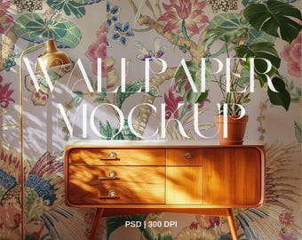Maqueta de papel tapiz vintage de mediados de siglo / Sala de estar soleada con aparador de madera, lámpara de latón y planta / Maqueta de marco vertical opcional / PSD