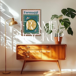 Mid-Century Din-a Frame Mockup | Retro Wooden Frame Wall | PSD Interior Frame Mockup | Boho Poster Mockup | Sunlit Room Mockup
