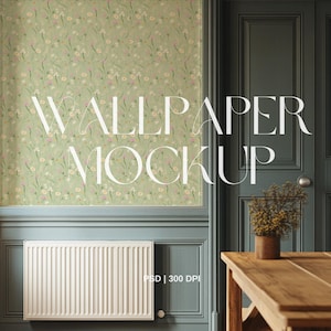 Anpassbare leere Tapete Mockup - Modernes Vintage Esszimmer Design - Cottagecore Styled Interior mit Verkleidung PSD bearbeitbares Wanddisplay
