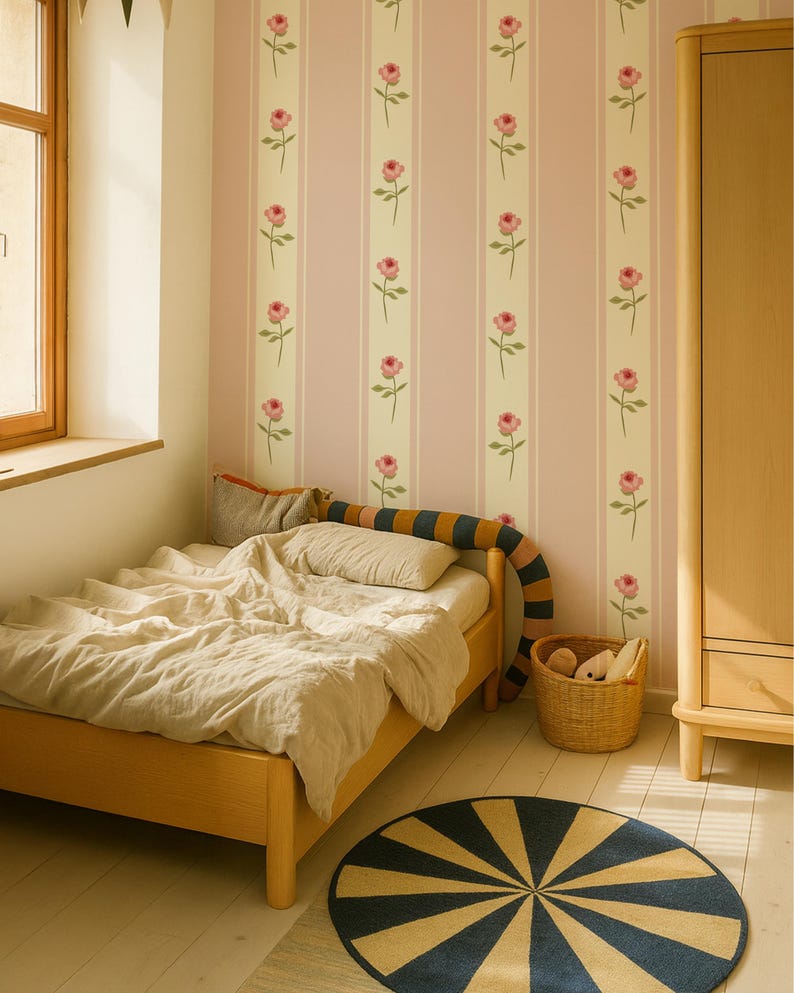 May include: A child's bedroom with a wooden bed, a round rug with blue and yellow stripes, and a woven basket. The walls are decorated with pink and cream striped wallpaper featuring pink rose illustrations.