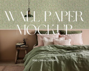 Anpassbares PSD Wallpaper Mockup - Minimalistisches Schlafzimmer Interieur | Smart Objekt bearbeitbare Anzeige