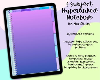 Digital Subject Notebook // 5 Subject // Note-taking, Journaling, Planning // iPad // Android//BONUS Digital Stickers