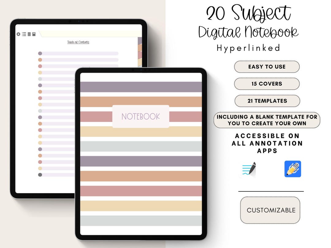 20-subject Hyperlinked Digital Notebook – Customizable Tabs (PDF) - Etsy