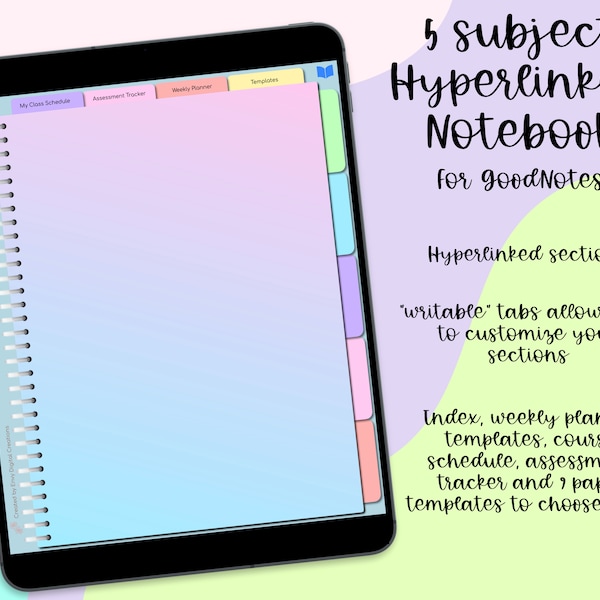 Digital Subject Notebook // 5 Subject // Note-taking, Journaling, Planning // iPad // Android//BONUS Digital Stickers