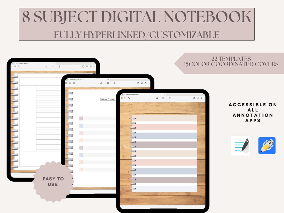 8 -subject Digital Notebook With Rings - Hyperlinked | Aesthetic ...