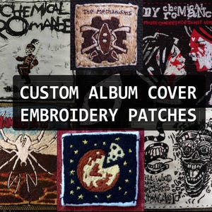 Könnte beinhalten: Eine Sammlung von personalisierten Stick-Patches mit Albumcovern. Die Patches zeigen verschiedene Designs, darunter eine Spinne, einen Planeten und einen Schädel. Die Patches sind alle aus hochwertigen Materialien gefertigt und perfekt, um Ihren Kleidungsstücken, Taschen oder anderen Accessoires eine persönliche Note zu verleihen.