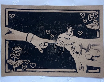 Humans and cats linocut print