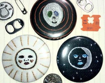 Embroidered design buttons - Alien, moon, sun