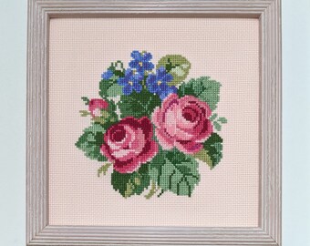 Violets, flowers, romantic and stylish design, embroidery, hand made embroidery, cross stitch , gift, eco frame, wood frame