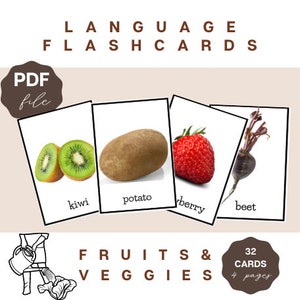 Montessori Language Flash Cards: Fruits and Vegetables for Toddlers and Preschoolers