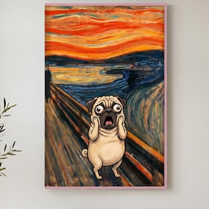 May include: A rectangular wall art print featuring a cartoon pug with wide eyes and paws on its face, mimicking a famous expressionist painting. The background displays a swirling sky of orange and yellow above a dark blue landscape.
