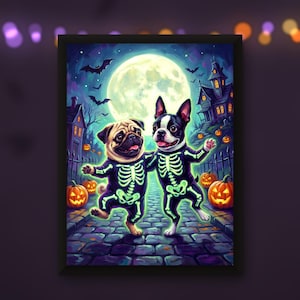 May include: A framed wall art print featuring a pug and a Boston terrier wearing black skeleton costumes. The dogs are walking on a cobblestone path in front of a haunted house, a full moon, flying bats, and glowing orange jack-o'-lanterns.