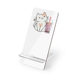 Kitty Heart Boba Tea Phone Display Stand for Smartphones, Cat iPhone Gadget, Cat Samsung Accessories, Cat lover Gift, Cat Kitty Phone Gift