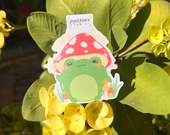 Vinyl Sticker Mushroom Frog, Toadstool, Weather-proof Matte, Glossy Vinyl, Holographic