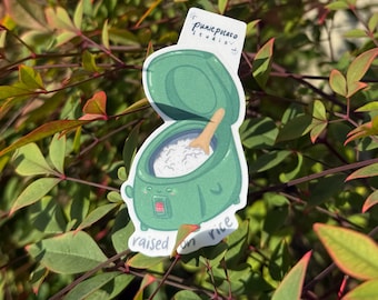 Vinyl Sticker Cute Rice Cooker "Raised on Rice", Food Pun, Weather-proof Matte, Glossy Vinyl, Holographic