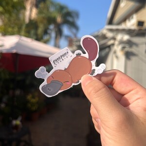 May include: A white sticker with a cartoon platypus swimming with bubbles. The platypus is brown with a gray bill and pink cheeks. The sticker has the text "Punie Potato Studio" in a white box.