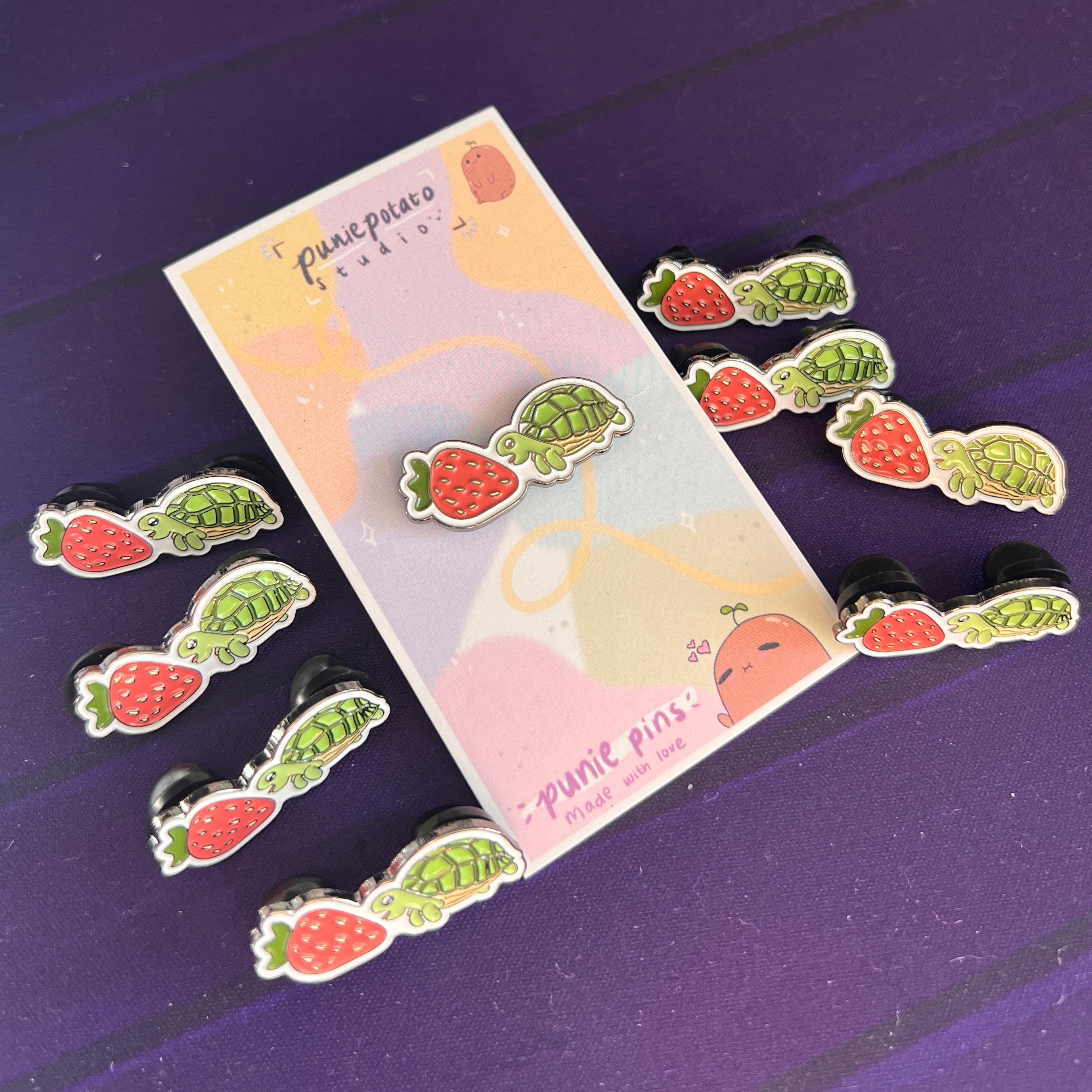 Baby Turtle Eating Strawberry - Enamel Pin