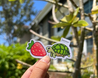 Vinyl Sticker Baby Turtle Eating Strawberry, Weather-proof Matte, Glossy Vinyl