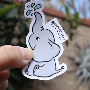 Vinyl Sticker Cute Baby Elephant Spraying Water, Weather-proof Matte, Glossy Vinyl
