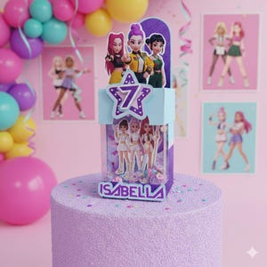May include: A birthday cake with a lilac textured base, topped with a decorative box featuring cartoon figures and the name "ISABELLA". The box has a star with the number "7" on it. Balloons in pink, yellow, and turquoise are in the background.