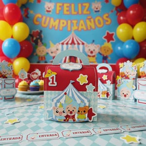 Pode incluir: Uma caixa de presente vermelha e azul com tema de aniversário com uma alça, apresentando um design de tenda de circo e personagens de desenhos animados. A caixa tem o número 1 e decorações de estrelas. Balões e decorações de festa no fundo.