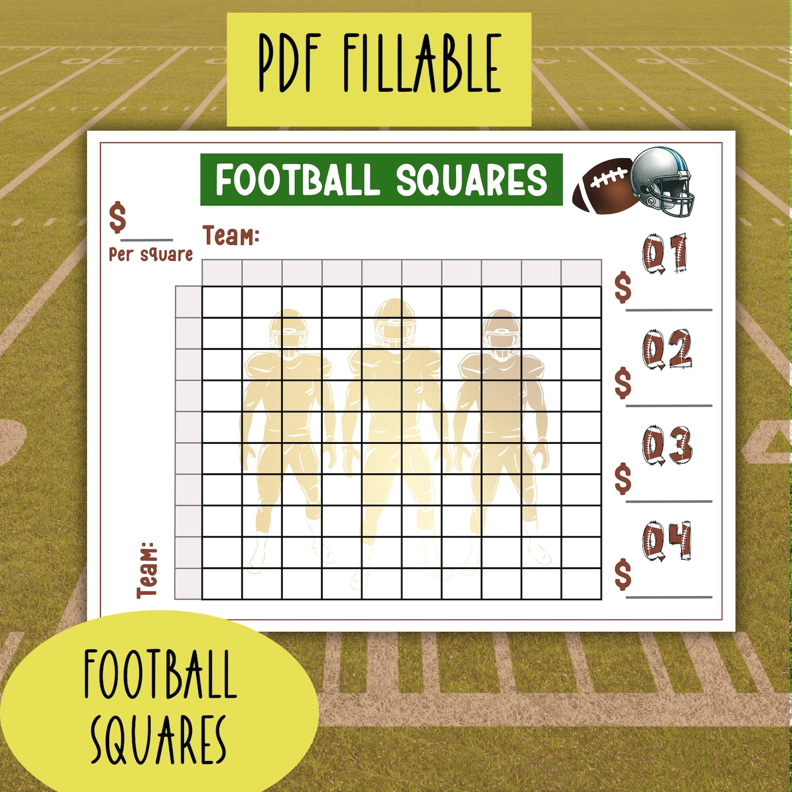 PDF Fillable Football Squares Template Editable Team Names, Price per