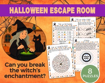 May include: A Halloween escape room game kit featuring a circular illustration of a witch stirring a green potion with a black cat nearby. The set includes printed task sheets with puzzles like a pictogram, alpha count, and a haunted maze, plus an Atbash wheel.