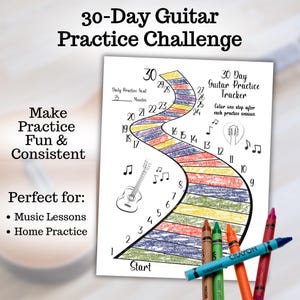 May include: A guitar practice challenge tracker with the text "30-Day Guitar Practice Challenge". The tracker features a colorful path with numbers and musical notes. Includes crayons in various colors. The text "Make Practice Fun & Consistent" is also visible.