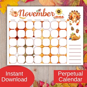 Eeuwigdurende kalender met Thanksgiving-thema voor november | Aftellen, takenlijst, advent