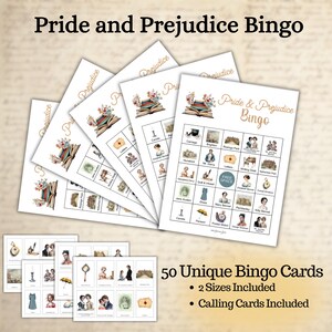 Könnte beinhalten: Ein Set von Bingo-Karten zum Thema "Stolz und Vorurteil". Die Karten zeigen Illustrationen von Charakteren und Objekten aus dem Roman. Das Set enthält 50 einzigartige Bingo-Karten, zwei Größen und Rufkarten.