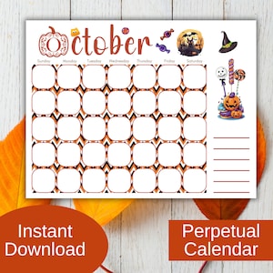 May include: Printable October calendar with a Halloween theme. The calendar has a black and orange chevron pattern and features a pumpkin, a witch's hat, and a black cat. The days of the week are listed across the top, and there are spaces for each day of the month.