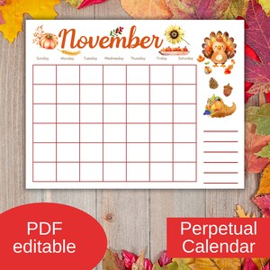 Eeuwigdurende kalender met Thanksgiving-thema voor november | Invulbare pdf, aftellen, takenschema, advent