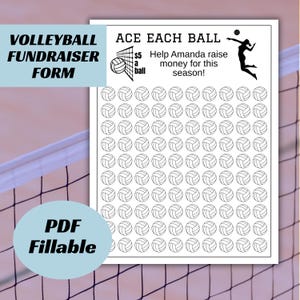 Peut inclure: Formulaire de collecte de fonds de volley-ball en noir et blanc avec le texte "VOLLEYBALL FUNDRAISER FORM" et "ACE EACH BALL". Le formulaire comprend une grille de ballons de volley-ball et le texte "PDF Fillable".