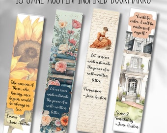 Könnte beinhalten: Set mit 18 Lesezeichen, die von Jane Austen inspiriert sind und florale und literarische Designs aufweisen. Jedes Lesezeichen enthält ein Zitat aus einem Roman von Jane Austen, wie "Lasst uns niemals die Macht eines gut geschriebenen Briefes unterschätzen." aus Persuasion.