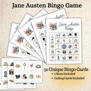 May include: A Jane Austen Bingo game set, featuring illustrated cards with images from Austen's novels. The set includes 50 unique bingo cards, available in two sizes, and calling cards. The title "Jane Austen Bingo Game" is displayed at the top.