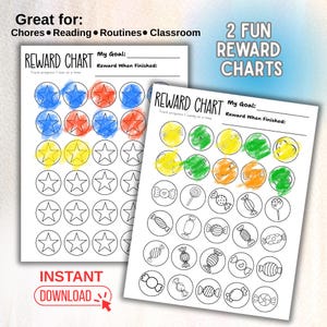 Könnte beinhalten: Zwei Belohnungstabellen mit farbenfrohen Stern- und Süßigkeiten-Designs. Die Tabellen sind mit "Reward Chart" beschriftet und enthalten den Text "Great for: Chores • Reading • Routines • Classroom" und "2 FUN REWARD CHARTS". Sofortiger Download.