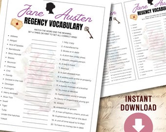 Jane Austen Regency Vocabulary Game, Pride and Prejudice Party Game, Regency Era Activity, Jane Austen Book Club Game