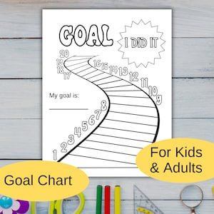 May include: A black and white printable goal chart with a winding path and numbered steps. The chart has the text "GOAL" and "I DID IT" in large, bold letters. The text "My goal is:" is below the path. The chart is labeled "Goal Chart" and "For Kids & Adults".