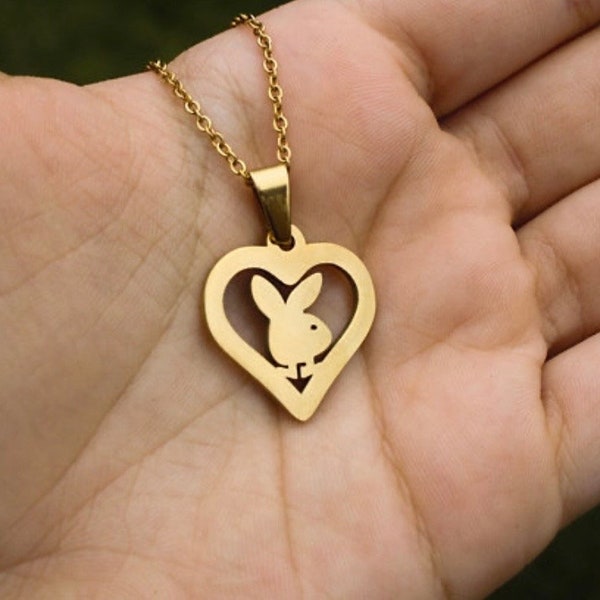 Playboy Bunny Heart Necklace Gold Stainless Steel Waterproof Non-Tarnish No Green Skin Long Lasting Gift Christmas Valentines Day Birthday