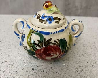 Rare 1930s Sugar Bowl with Lid Italian Majolica Renaissance Revival Roses
