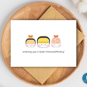 Nette Sushi-Geburtstagskarte für Sushi-Liebhaber. Sofortiger Download 20x30 Karte + Umschlag.