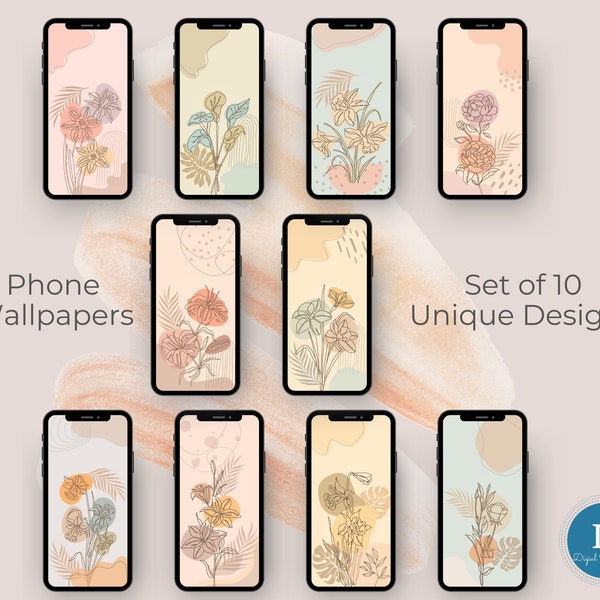 Boho Floral Phone Wallpapers, Minimalist Boho Wallpaper iPhone, Botanical Smartphone Wallpaper Set, iPhone Aesthetic Background