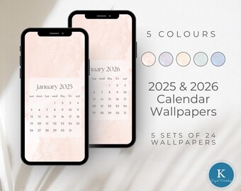 Puede incluir: Dos smartphones muestran fondos de pantalla de calendario para enero de 2025 y 2026. La imagen muestra 5 opciones de color y dice "2025 & 2026 Calendar Wallpapers" y "5 sets of 24 wallpapers".