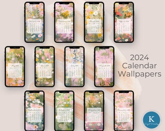 2024 Floral Calendar Phone Wallpapers, Watercolor Floral Wallpaper iPhone, Smartphone Calendar Wallpaper Set, iPhone Aesthetic Background