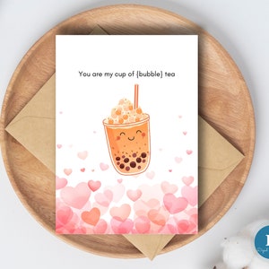 Tarjeta de aniversario de té de burbujas Boba Tea/Tarjeta de "Te amo"/Tarjeta de San Valentín Boba imprimible/Tarjeta de té de burbujas para esposa, novia, esposo, novio