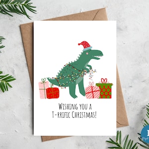 T-Rex Dinosaurier Weihnachtskarte|Digitaler Download T-rrific Weihnachten Dinosaurier Wortspiel druckbare Karte für Dinosaurier-Liebhaber|Sofortiger Download Kinderkarte