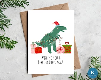 Printable T-Rex Dinosaur Christmas Card - Wishing You A T-rrific Christmas! Instant Download 5x7 Card + Envelope.