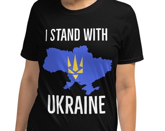 stand with Ukraine T-shirt, Ukraine shirt, support Ukraine shirt, Ukrainian flag, trident, Short-Sleeve Unisex black T-Shirt