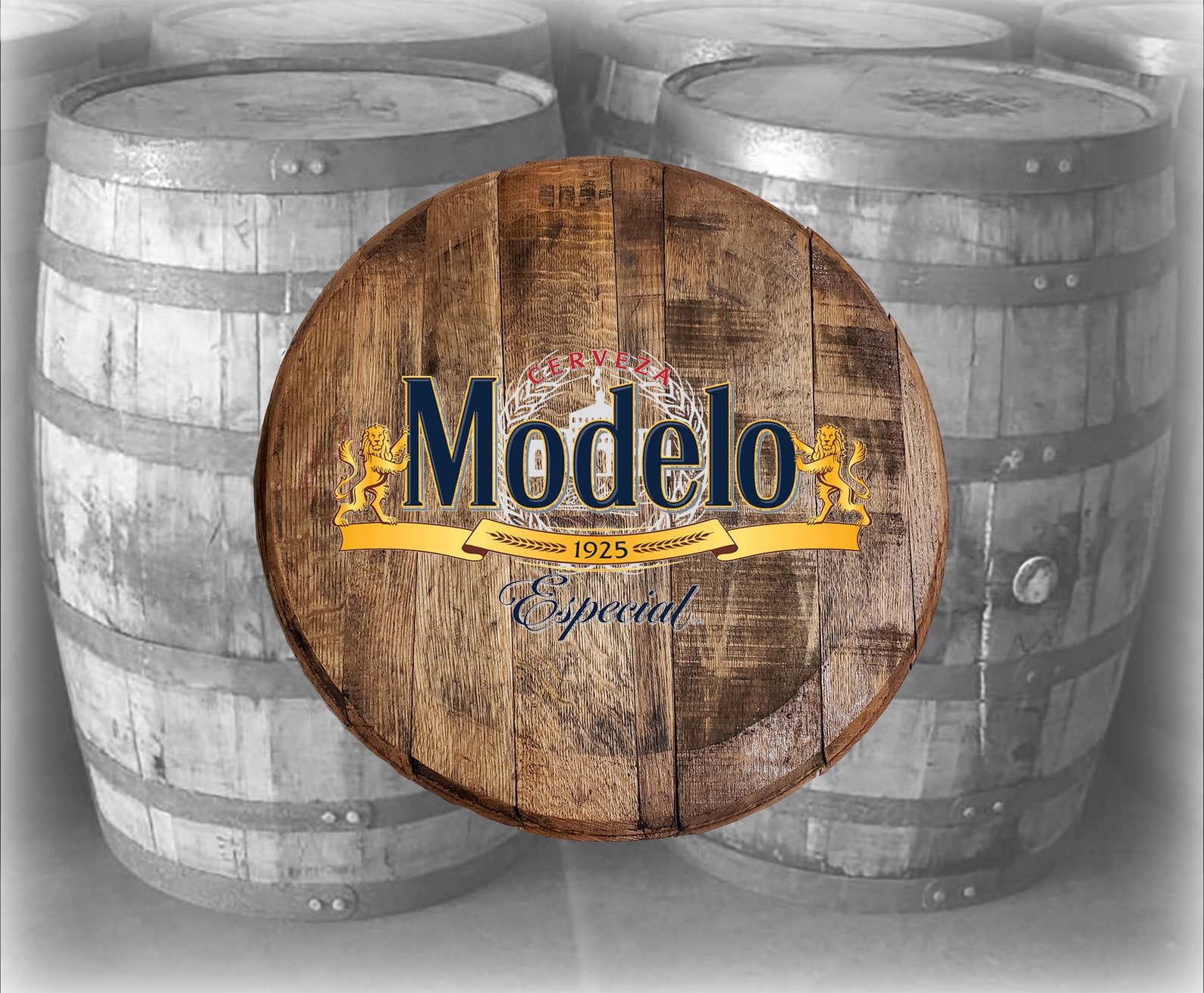 Modelo Mexican Beer Barrel Bar Sign Rustic Decor Aged Oak Barrel Lid
