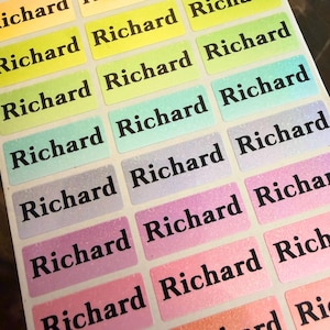 May include: A sheet of rectangular adhesive labels featuring the name Richard printed in a bold black serif font. The labels are arranged in a grid pattern and come in a variety of pastel colours including yellow, green, blue, purple, pink, and orange.